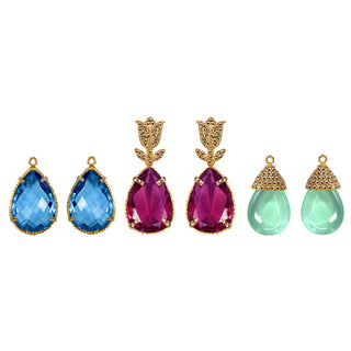 COMBO Tulip Gold Drop Clásico Violeta y Azul. Drop Cap Verde Claro (LIMITED) Arete + Drop de Joyería Regina Castillo