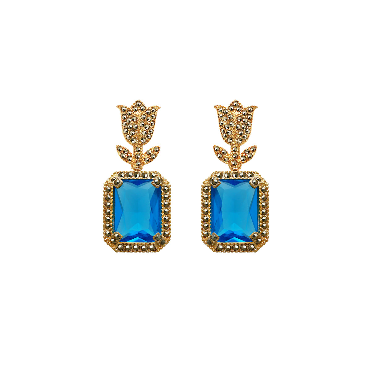 COMBO Tulip Gold con Drop Lightrose Grande, Drop Square Blue, Drop Pir Green (LIMITED) Arete + Drop de Joyería Regina Castillo