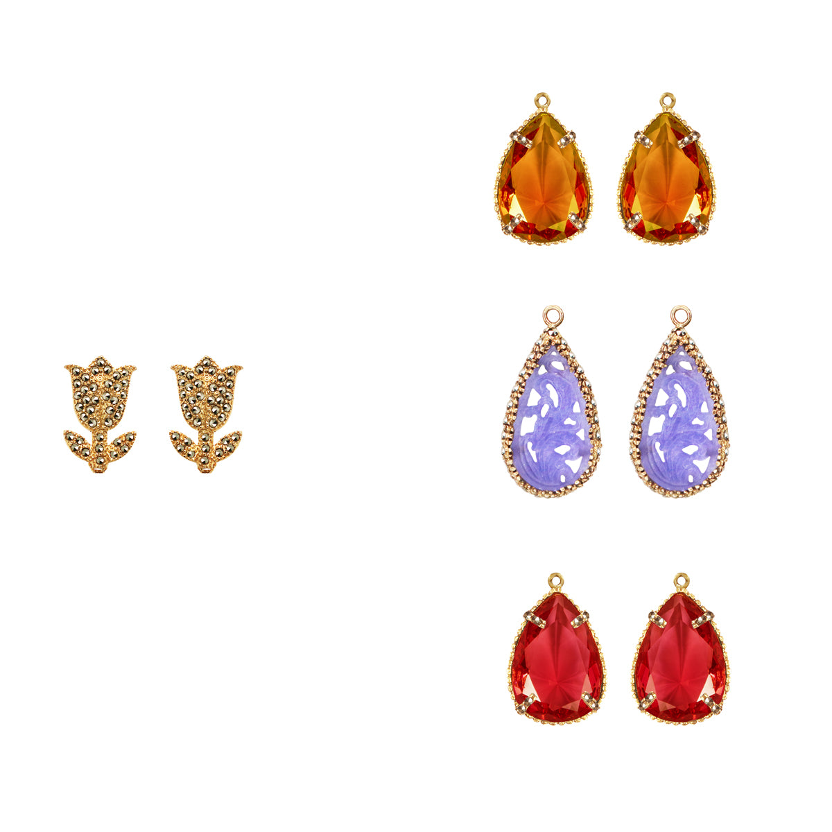 COMBO Tulip Gold con Drop Clásico Ámbar, Drop Calado chino y Drop Clásico rojo (LIMITED) Arete + Drop de Joyería Regina Castillo