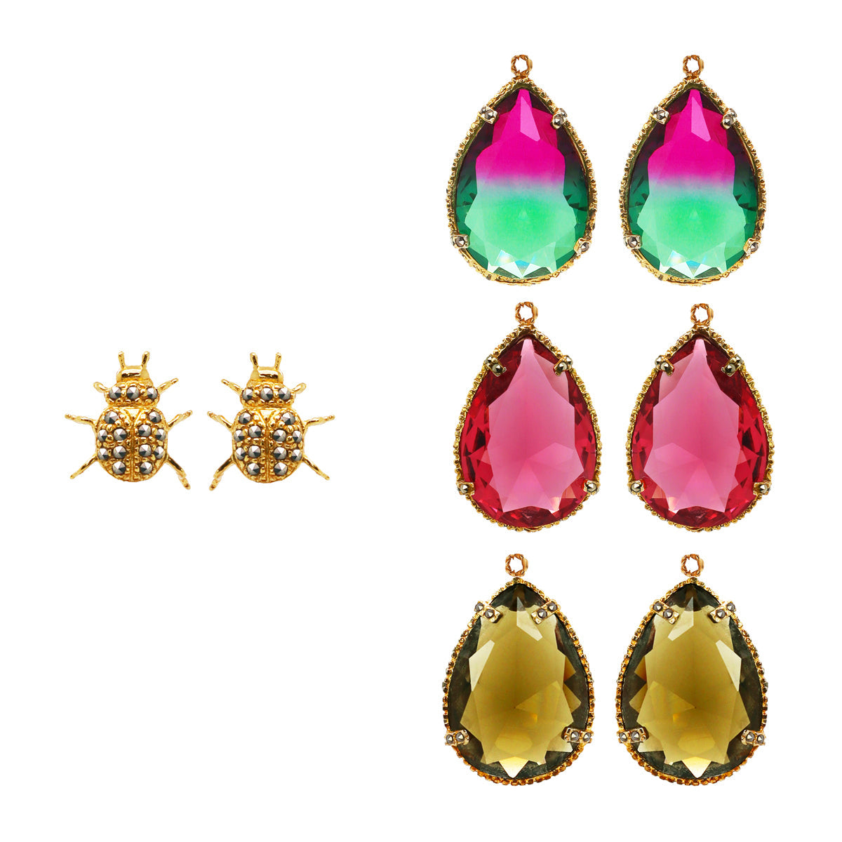 COMBO Arete Beetle Con Drops Rosa, Degrade y Café (LIMITED) Arete + Drop de Joyería Regina Castillo