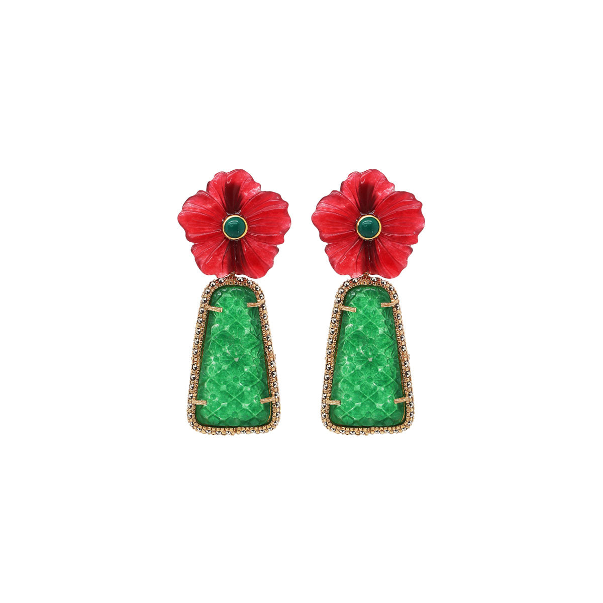 ARETE FLOR CAMELIA+ DROP TRAPEZ JADE VERDE Arete + Drop de Joyería Regina Castillo