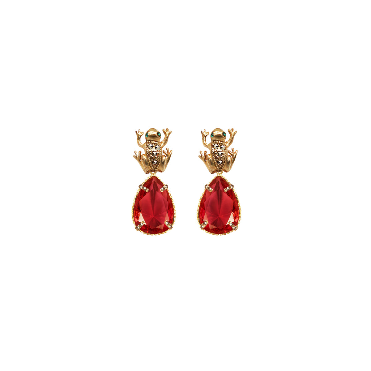COMBO ARETES RANAS GOLD + DROP CLÁSICO CH ROJO, DROP FUT GDE VERDE, DROP HATTY CH AMARILLO Arete + Drop de Joyería Regina Castillo