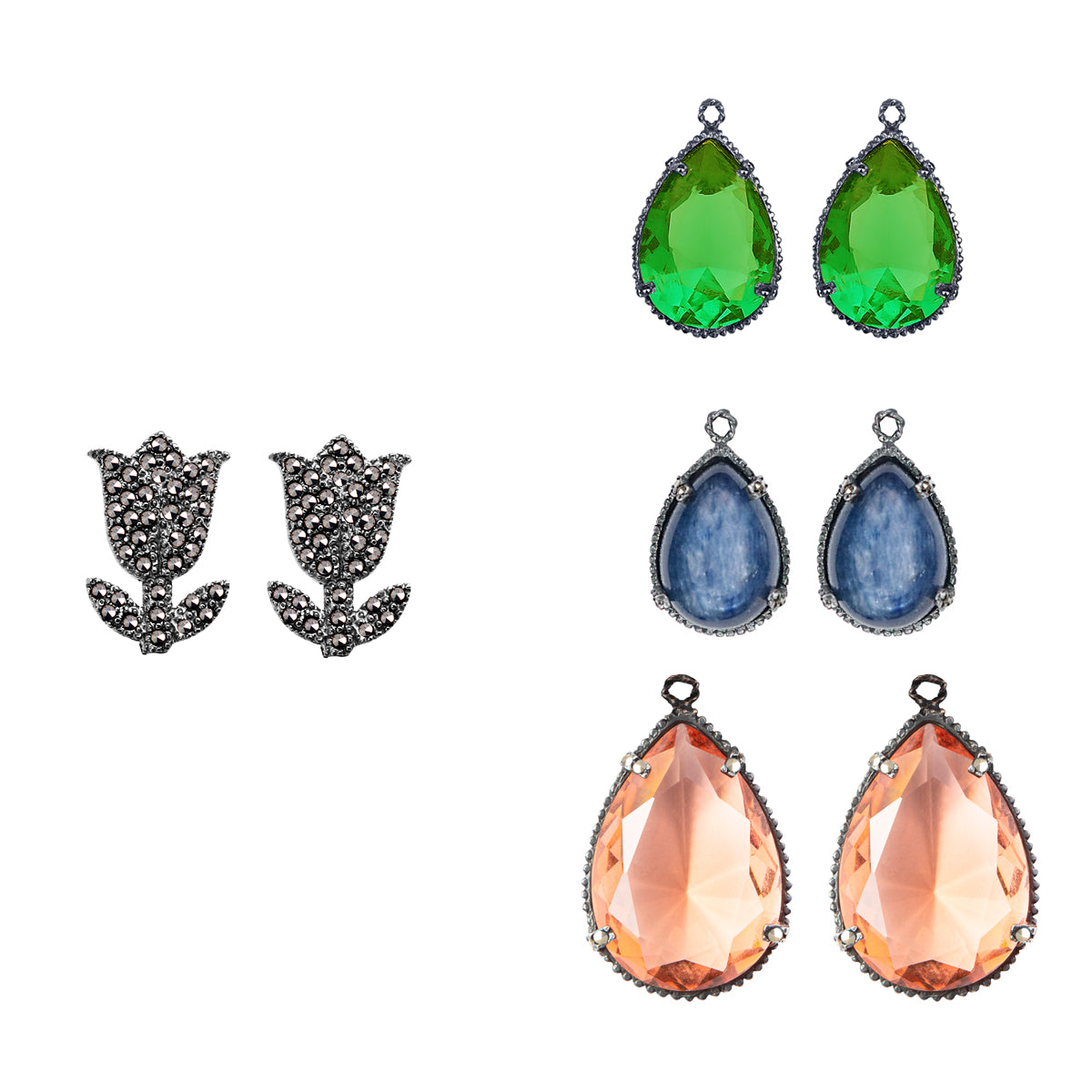COMBO Tulip Pav Drop Clásico verde chico, Drop clásico Morganita y Drop Kunsita (LIMITED) Arete + Drop de Joyería Regina Castillo