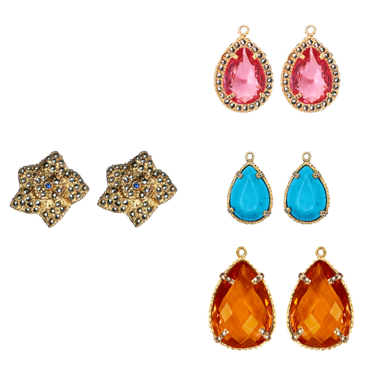 COMBO Arete Chanel con Drop Jan Gold chico, Drop Turquesa chico y Drop Lumiere naranja (LIMITED) Arete + Drop de Joyería Regina Castillo