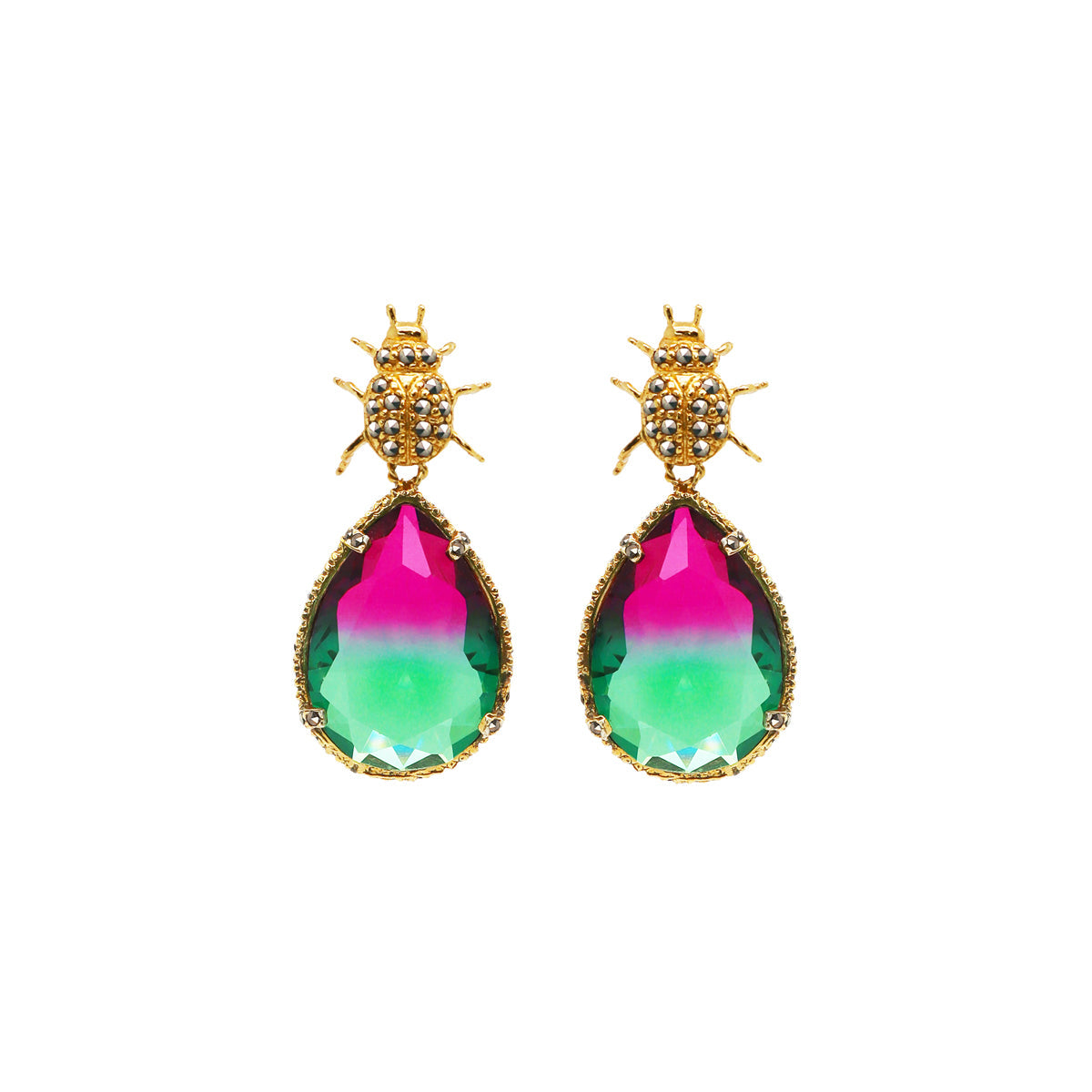 COMBO Arete Beetle Con Drops Rosa, Degrade y Café (LIMITED) Arete + Drop de Joyería Regina Castillo