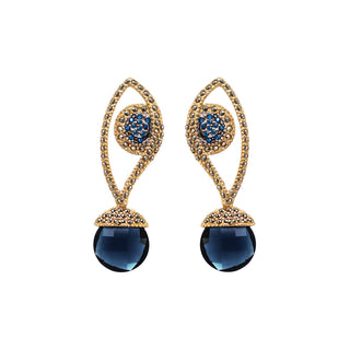 Aretes dorados con pavé y drop circular de cristal azul profundo