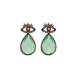 Aretes con diseño de ojo pavé y drop de cristal verde, estilo intrigante