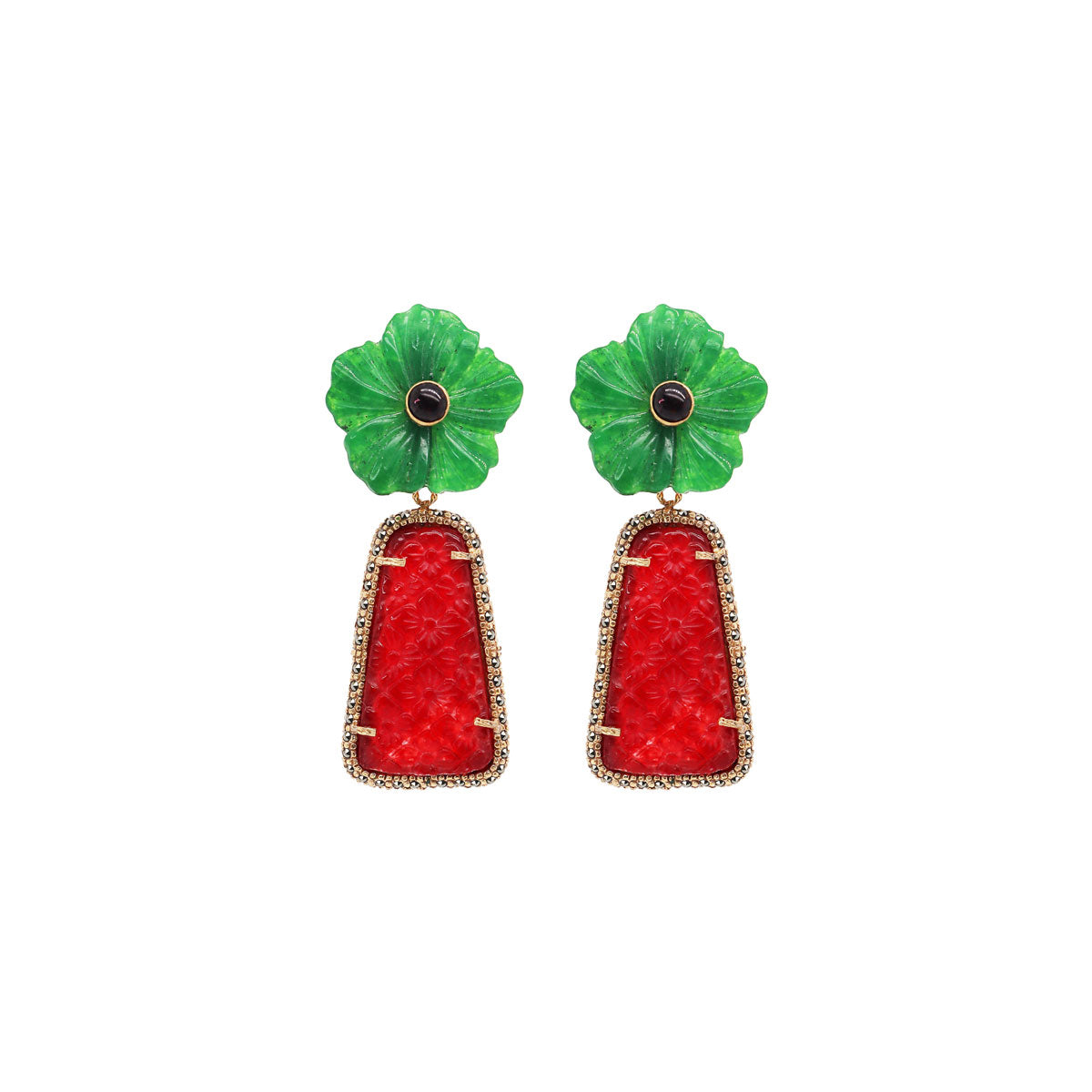 ARETE FLOR CAMELIA VERDE + DROP TRAPEZ JADE ROJO Arete + Drop de Joyería Regina Castillo