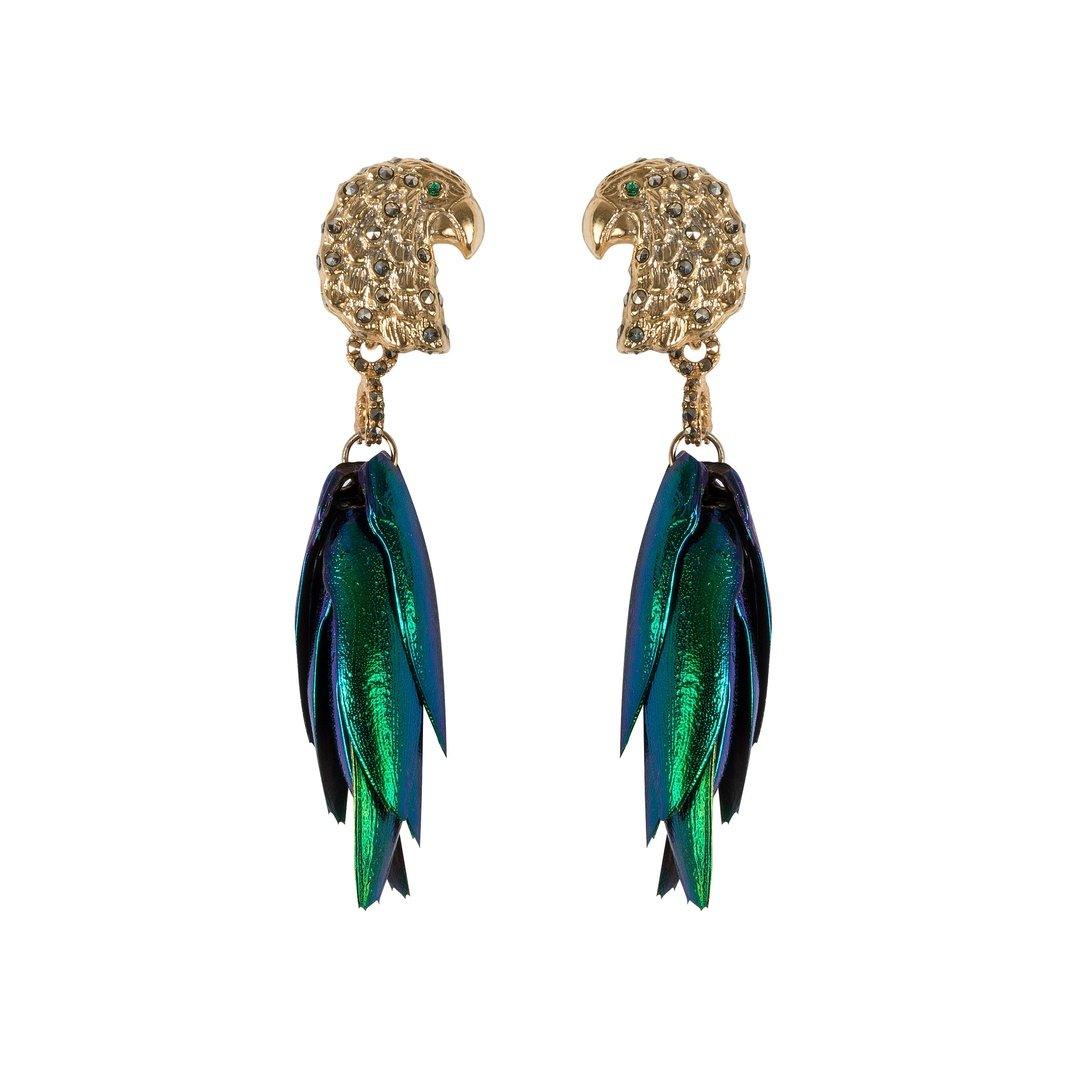 Arete parrots gold + Drop conchas verdes Arete + Drop de Joyería Regina Castillo